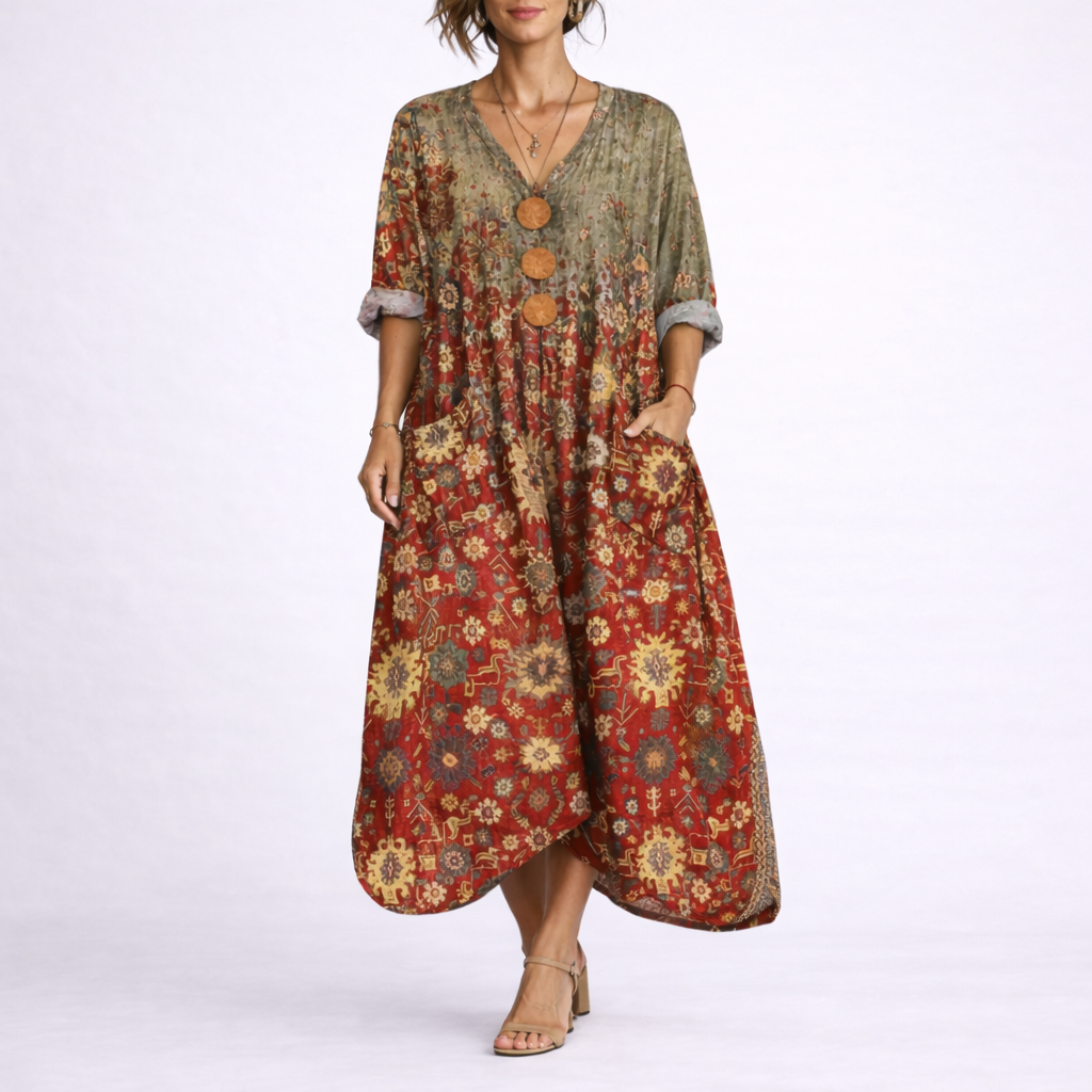 Red Carpet - Model wearing a woven paisley print relaxed midaxi dress with a v-neckline, rolled sleeves, large front buttons, and patch pockets.