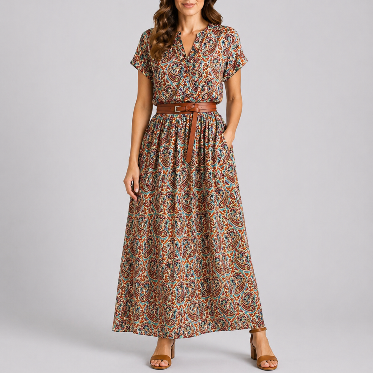 Floral - A woman wearing a woven paisley short-sleeve maxi dress with a V-neckline and functional side pockets, styled with a leather belt.