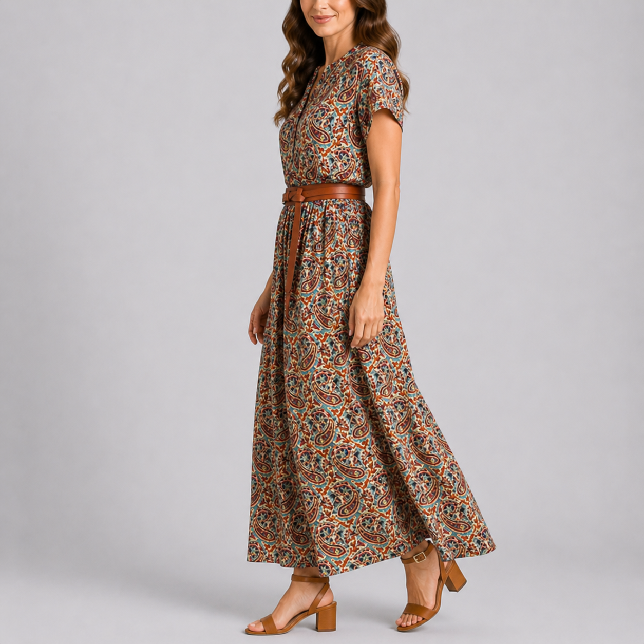 Floral - A woman wearing a woven paisley short-sleeve maxi dress with a V-neckline and functional side pockets, styled with a leather belt.