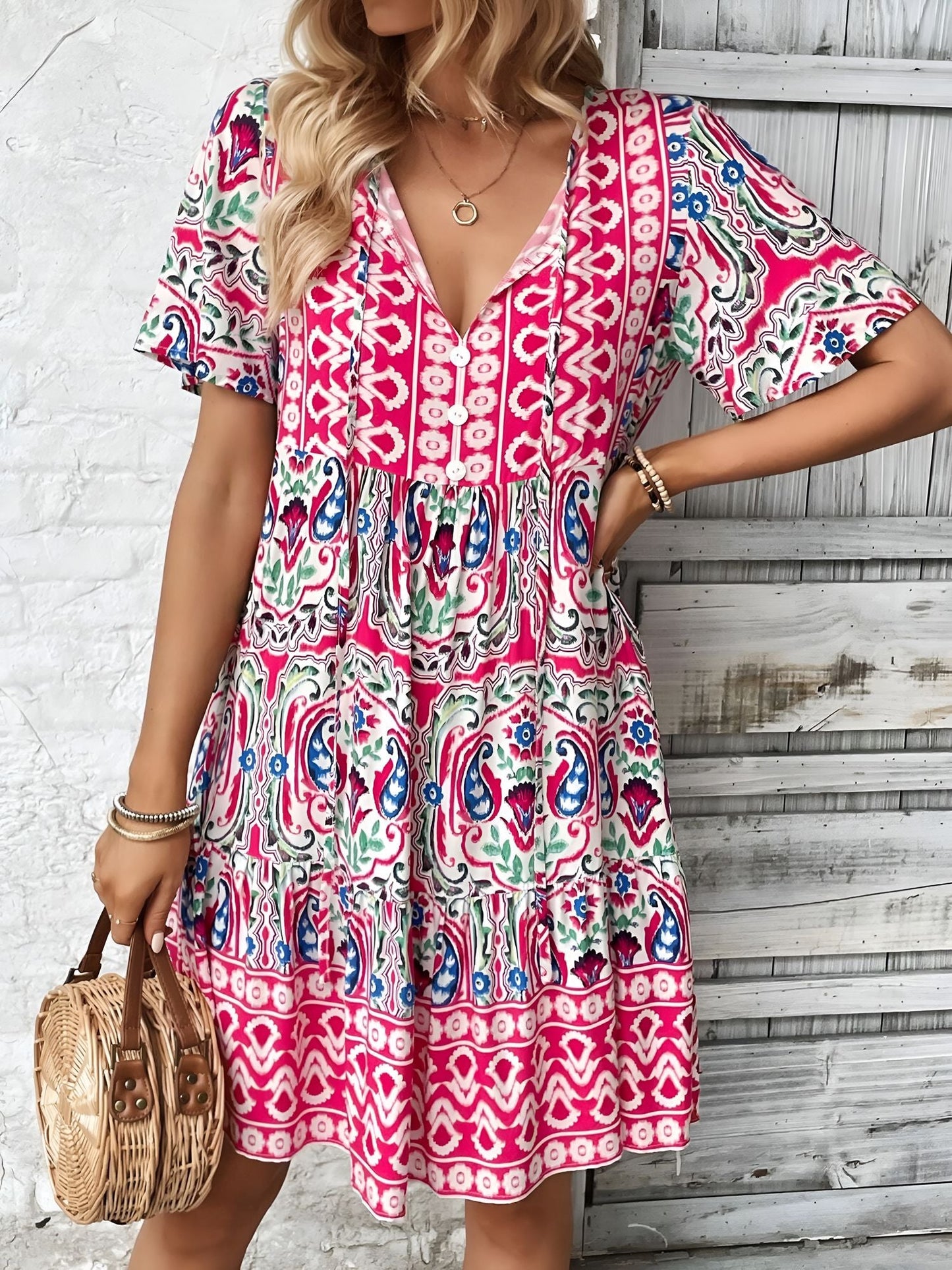 Rose Red - Woman wearing a woven paisley print V-neck tiered mini dress with short sleeves and front button detailing.