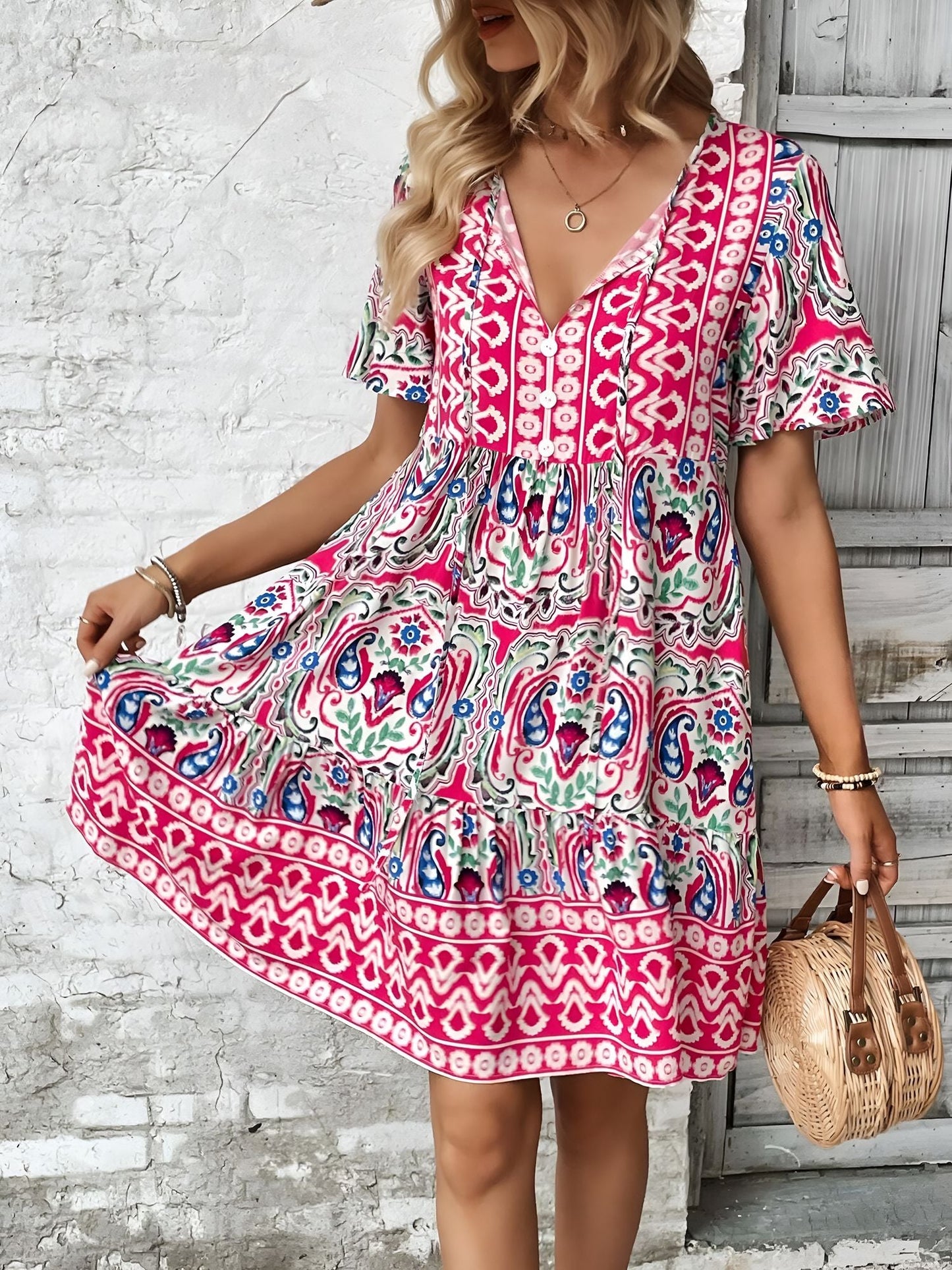 Rose Red - Woman wearing a woven paisley print V-neck tiered mini dress with short sleeves and front button detailing.