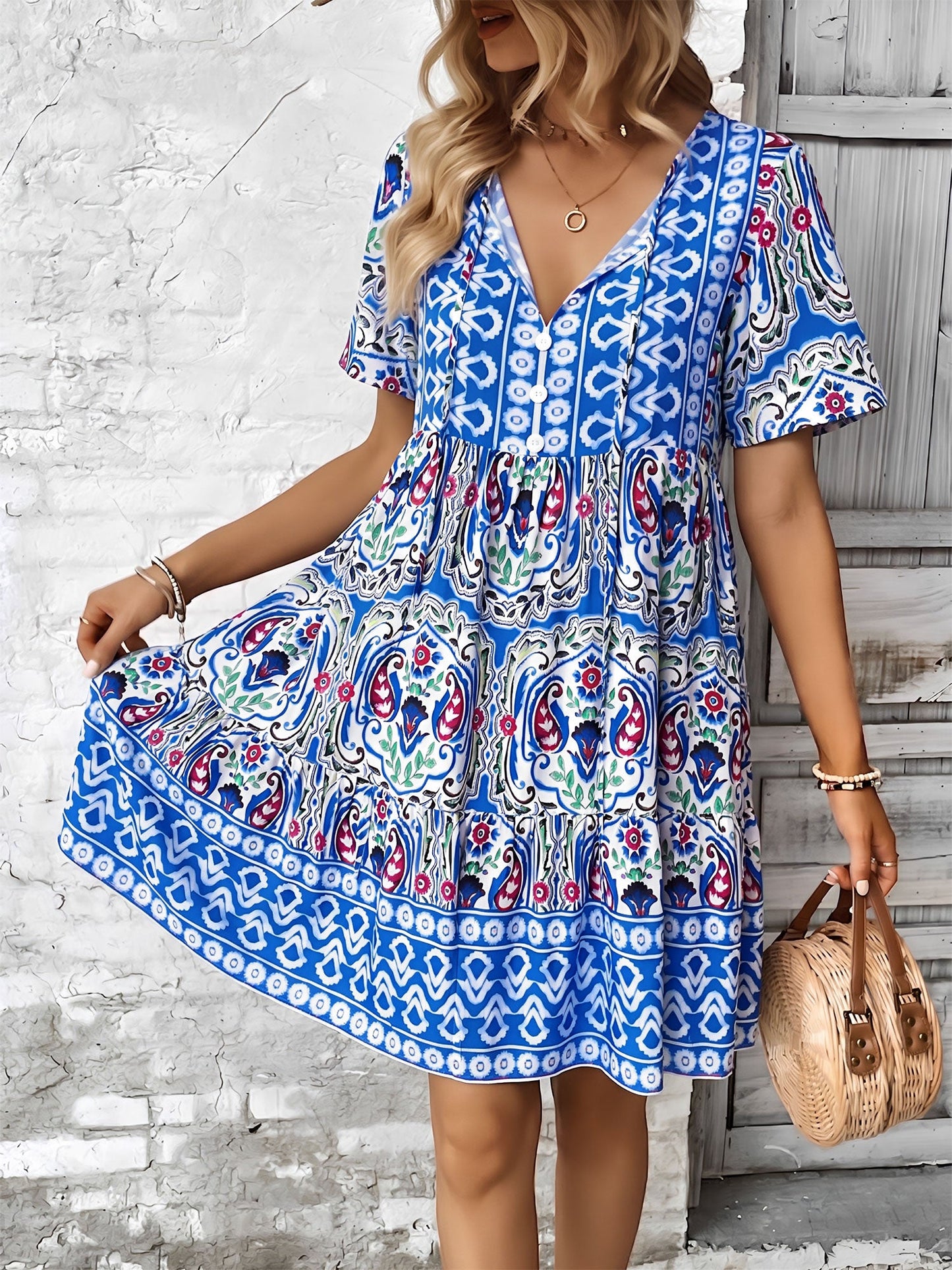 Blue - Woman wearing a woven paisley print V-neck tiered mini dress with short sleeves and front button detailing.