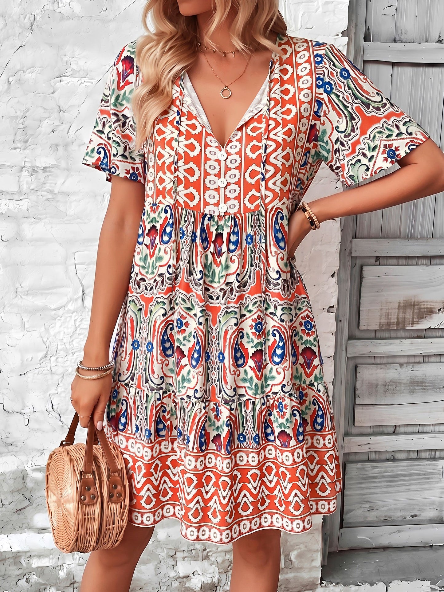 Orange - Woman wearing a woven paisley print V-neck tiered mini dress with short sleeves and front button detailing.