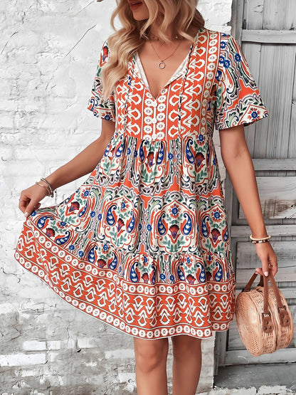 Orange - Woman wearing a woven paisley print V-neck tiered mini dress with short sleeves and front button detailing.