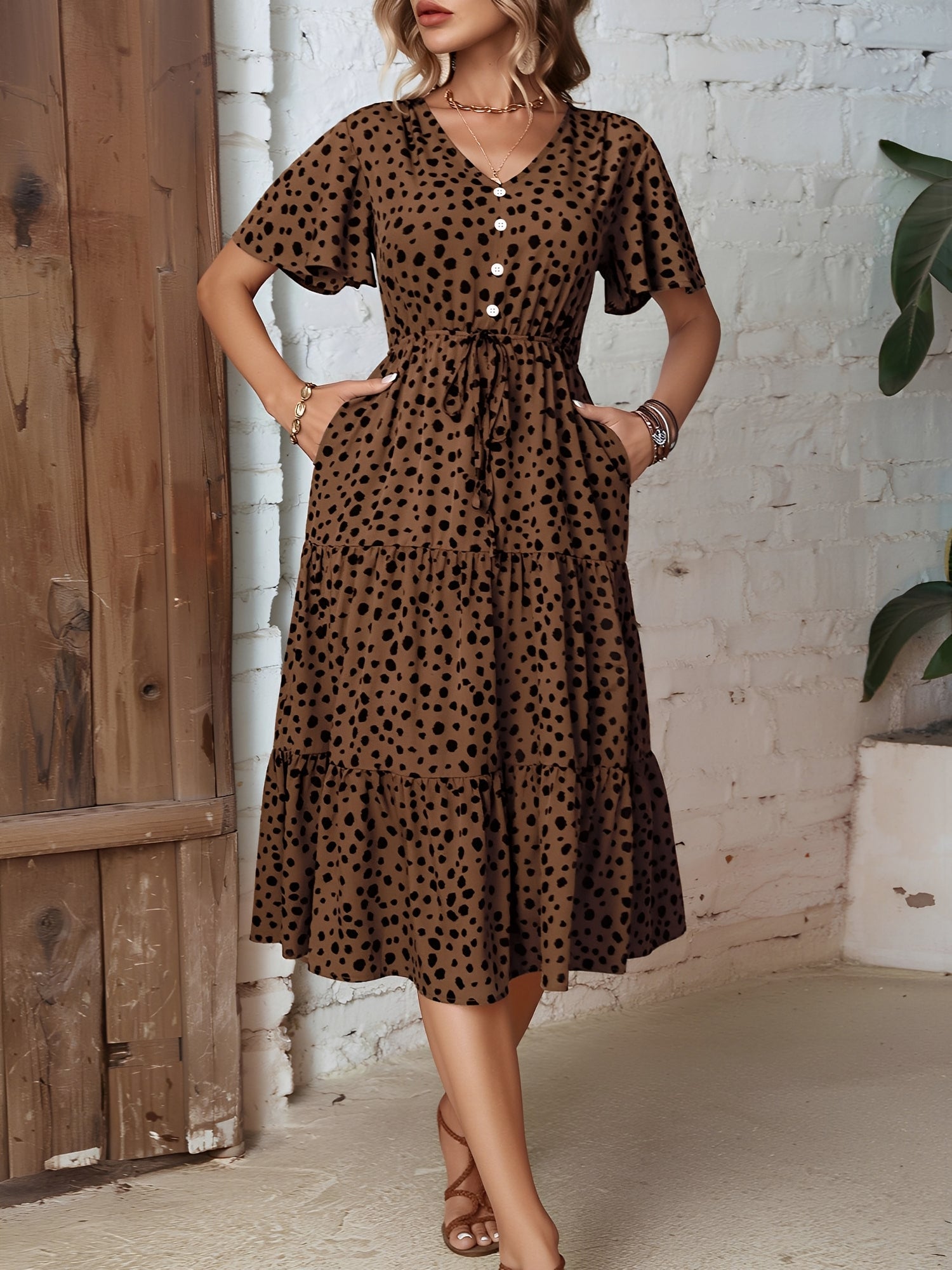 Leopard - Woman wearing a spot pattern V-neck tiered midi dress with short sleeves and side pockets, standing in an architectural hallway.