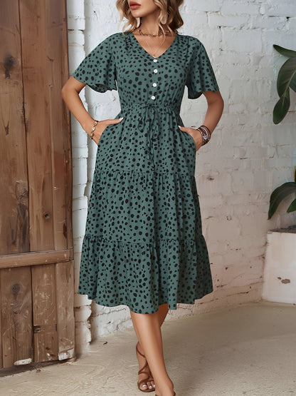 Dark Green - Woman wearing a spot pattern V-neck tiered midi dress with short sleeves and side pockets, standing in an architectural hallway.