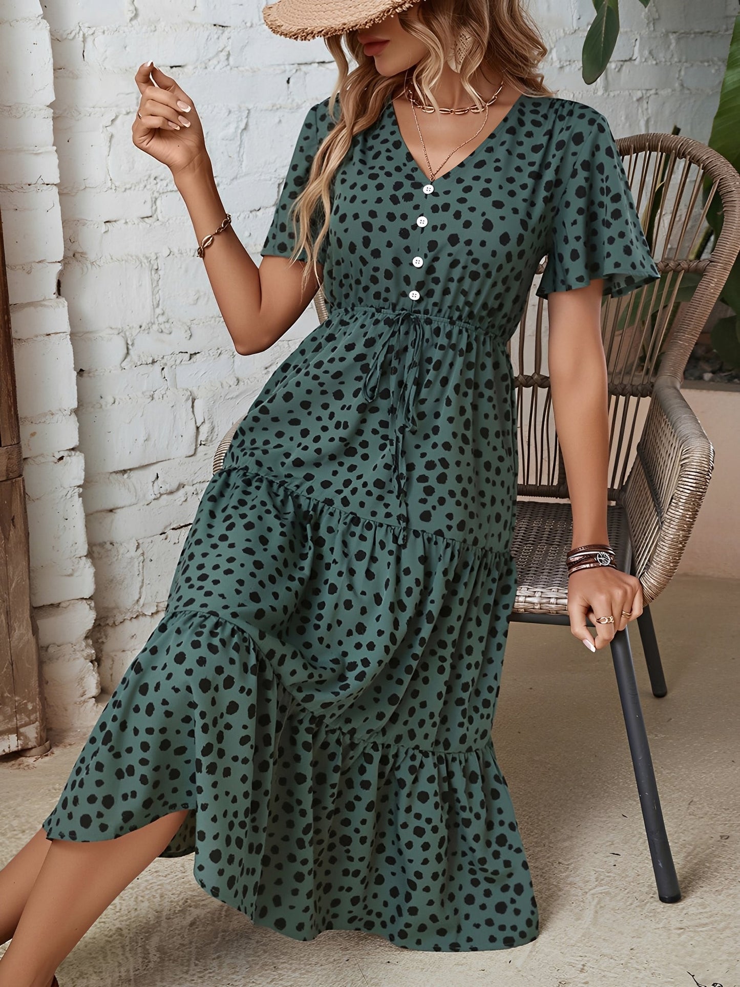 Dark Green - Woman wearing a spot pattern V-neck tiered midi dress with short sleeves and side pockets, standing in an architectural hallway.