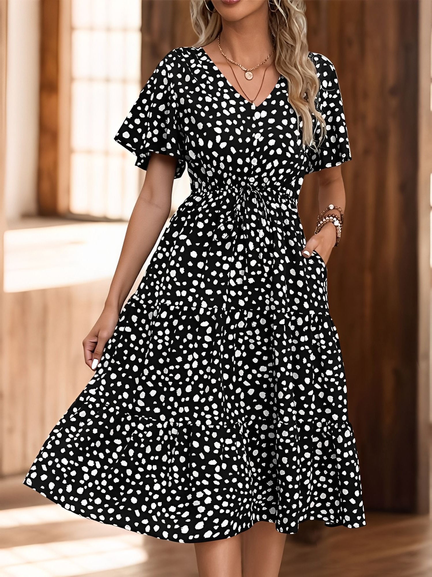 Black - Woman wearing a spot pattern V-neck tiered midi dress with short sleeves and side pockets, standing in an architectural hallway.