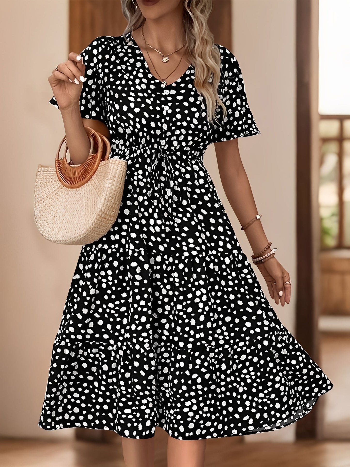 Black - Woman wearing a spot pattern V-neck tiered midi dress with short sleeves and side pockets, standing in an architectural hallway.