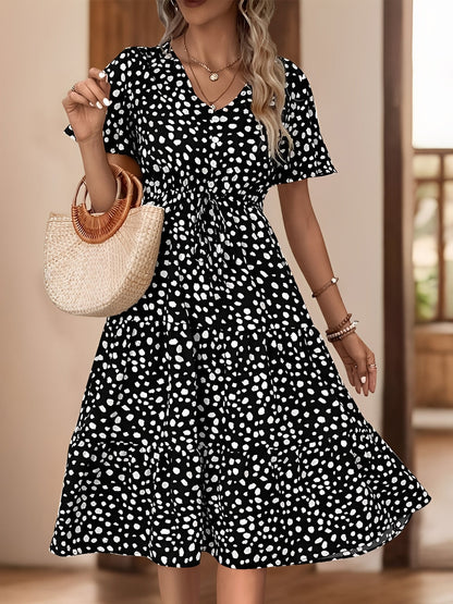 Black - Woman wearing a spot pattern V-neck tiered midi dress with short sleeves and side pockets, standing in an architectural hallway.