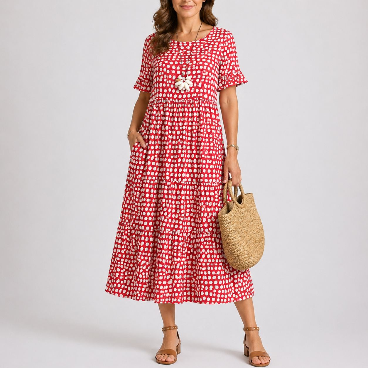 Red - Woman wearing a spotted short-sleeve tiered midi dress with side pockets, holding a woven bag.