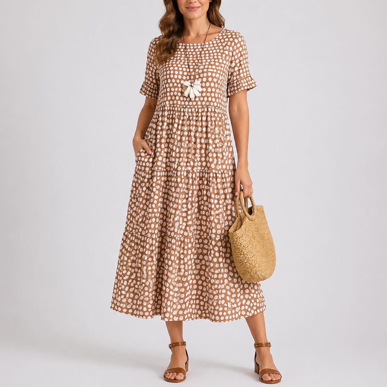 Brown - Woman wearing a spotted short-sleeve tiered midi dress with side pockets, holding a woven bag.