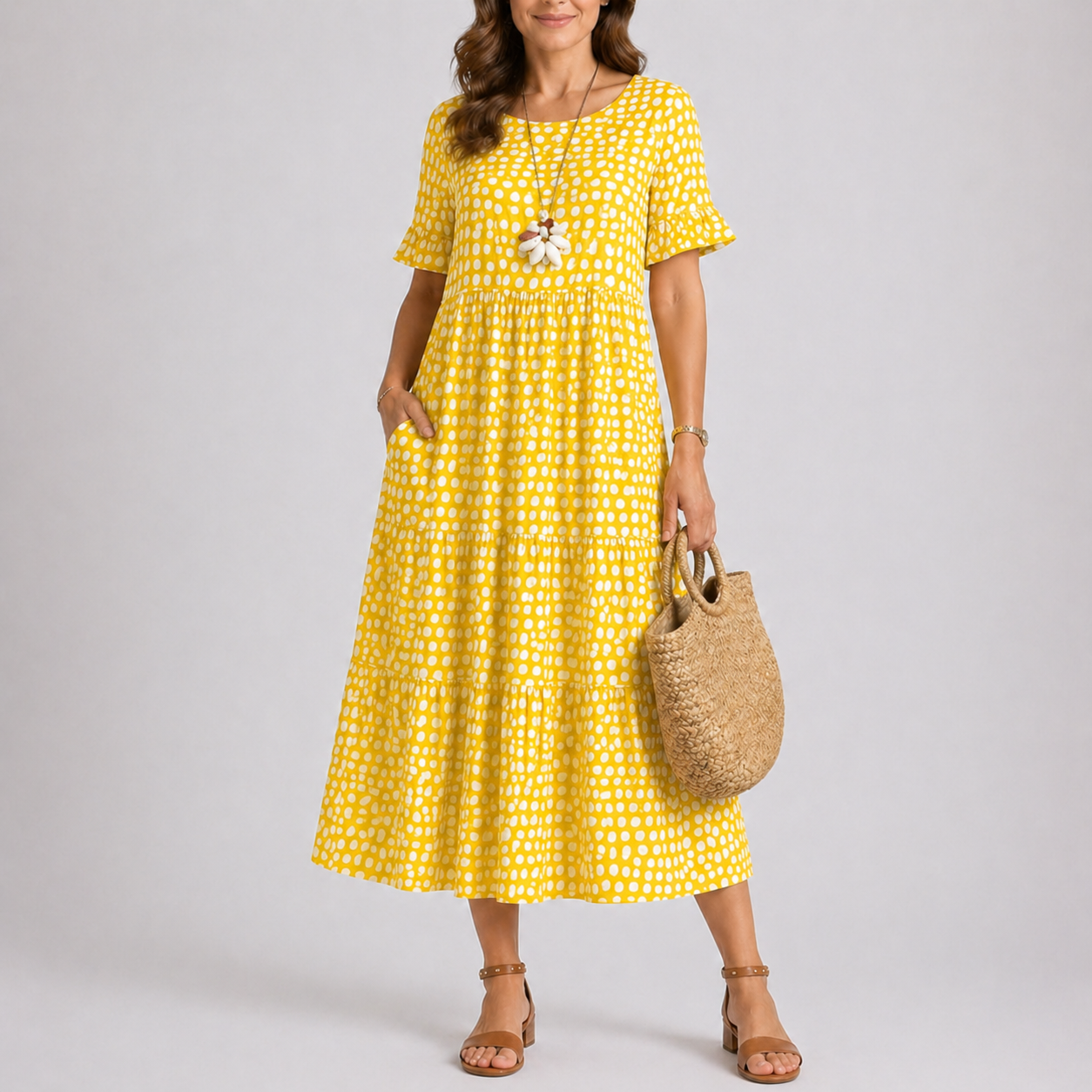 Yellow - Woman wearing a spotted short-sleeve tiered midi dress with side pockets, holding a woven bag.