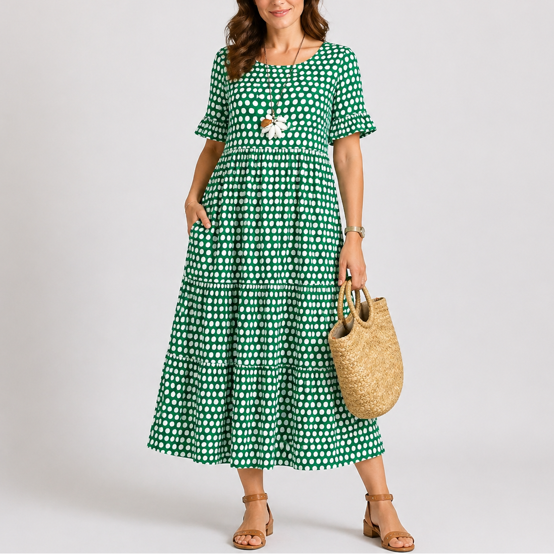 Green - Woman wearing a spotted short-sleeve tiered midi dress with side pockets, holding a woven bag.