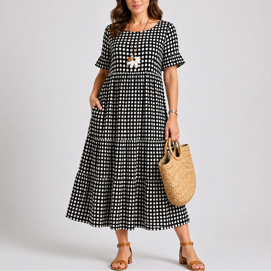 Black - Woman wearing a spotted short-sleeve tiered midi dress with side pockets, holding a woven bag.