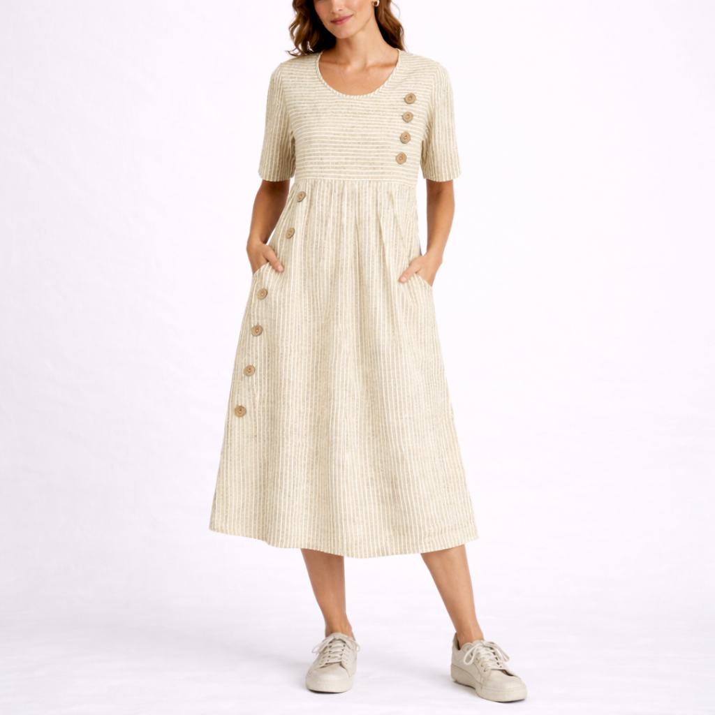 Beige - Woman wearing a striped short-sleeve midi dress with asymmetric wooden button detailing and side pockets, standing against a white background.