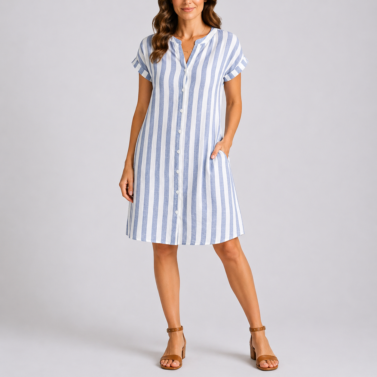Blue - Woman wearing a striped short-sleeve knee-length shirt dress with a button-up front and side pockets on a plain grey background.